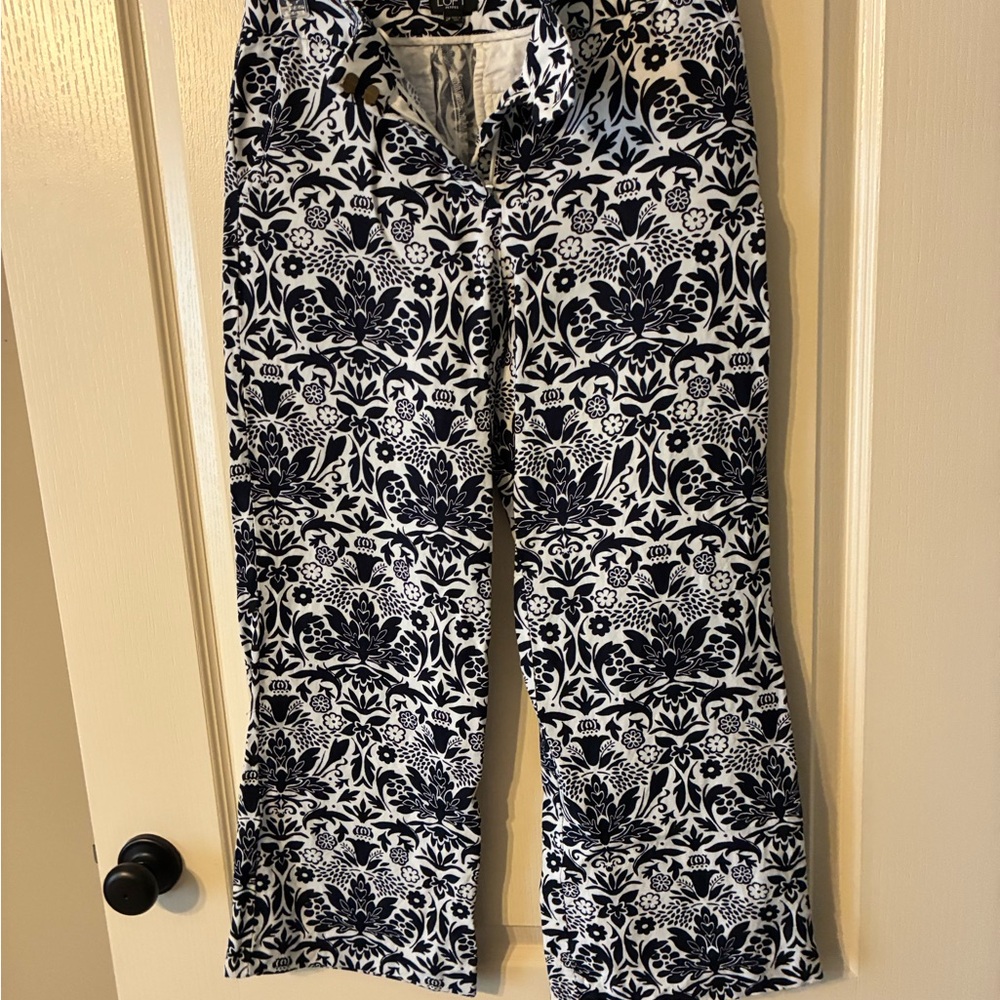 LOFT Navy and White Floral Pants linen